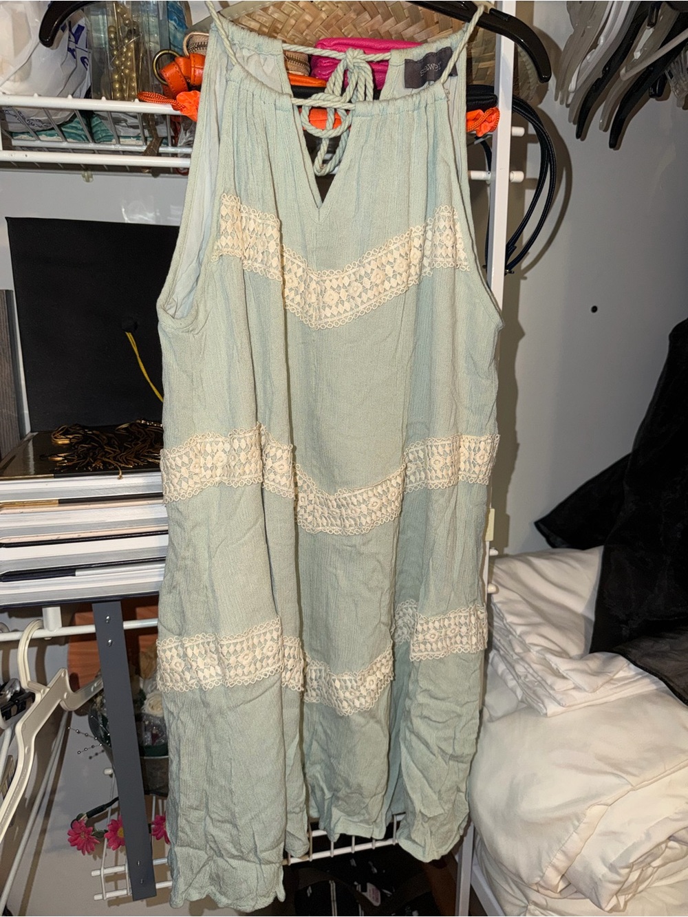 Sleeveless Sage Green Midi Dress with Cream Lace Trim